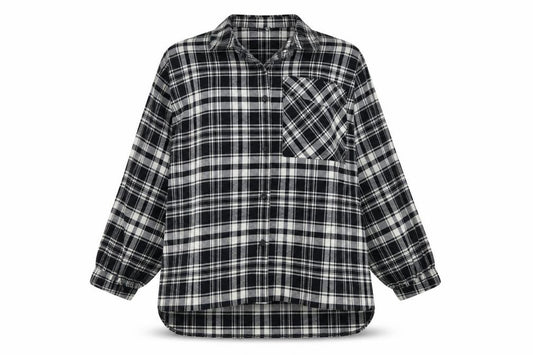 Front view of ASOS DESIGN Women's Black Plaid Button-Up Shirt, size 16