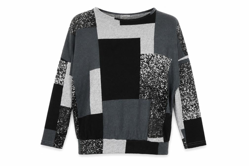 Front view of Stella Morgan Women's Grey Geometric T-Shirt, size L