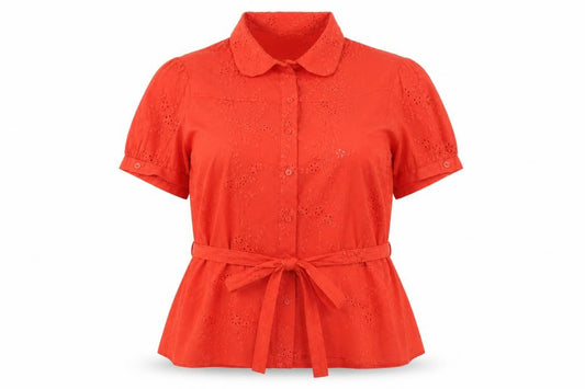 Front view of Debenhams Women's Red Short Sleeve Cotton Blouse