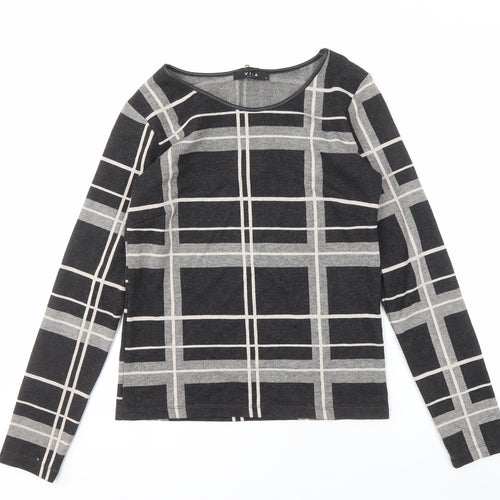 VILA Women's Black Check T-Shirt, Medium, Long Sleeve Casual