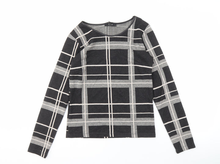 VILA Women's Black Check T-Shirt, Medium, Long Sleeve Casual