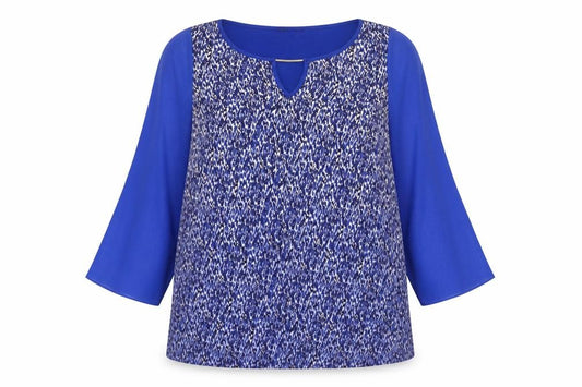 Front view of e. Women’s Blue Animal Print Long Sleeve Blouse, size UK 16