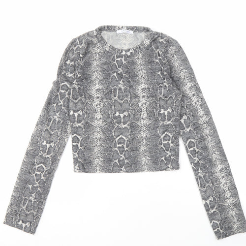 Zara Women's Grey Cropped Knit Top, Size S, Animal Print