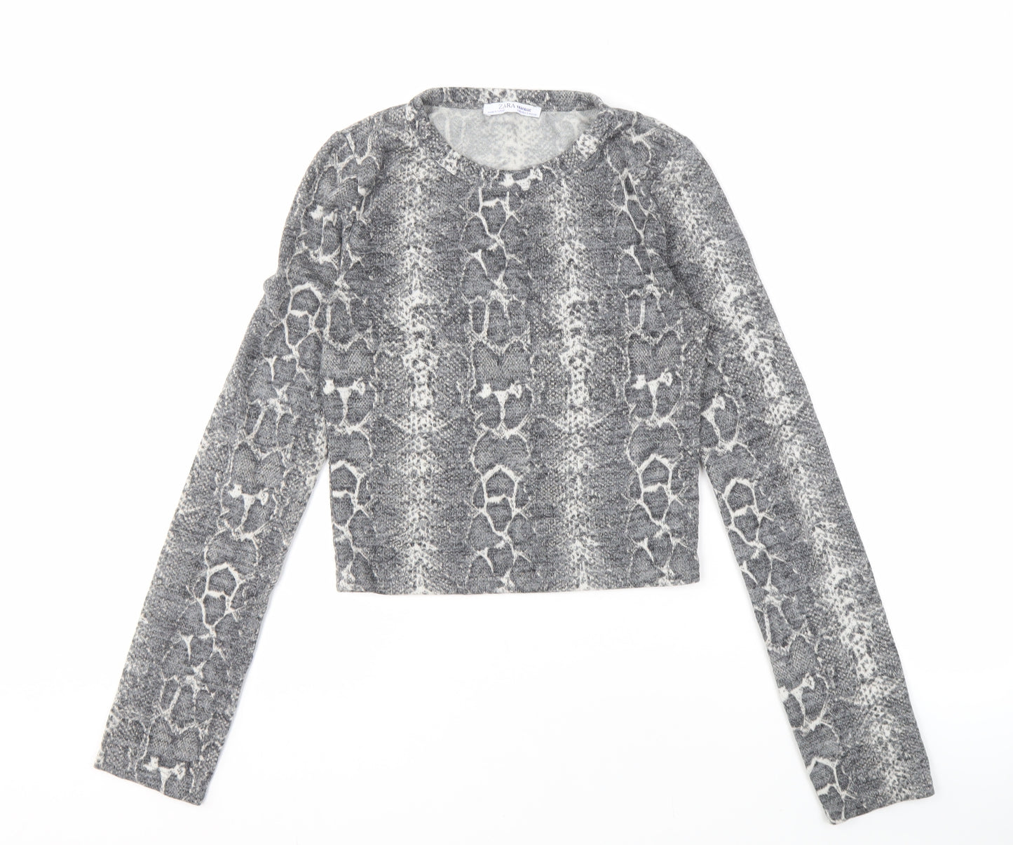 Zara Women's Grey Cropped Knit Top, Size S, Animal Print