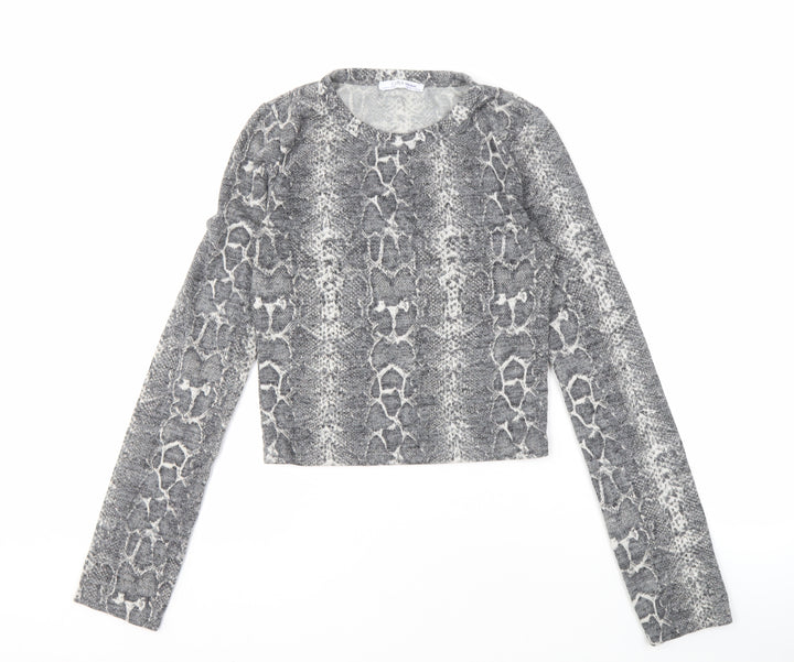 Zara Women's Grey Cropped Knit Top, Size S, Animal Print