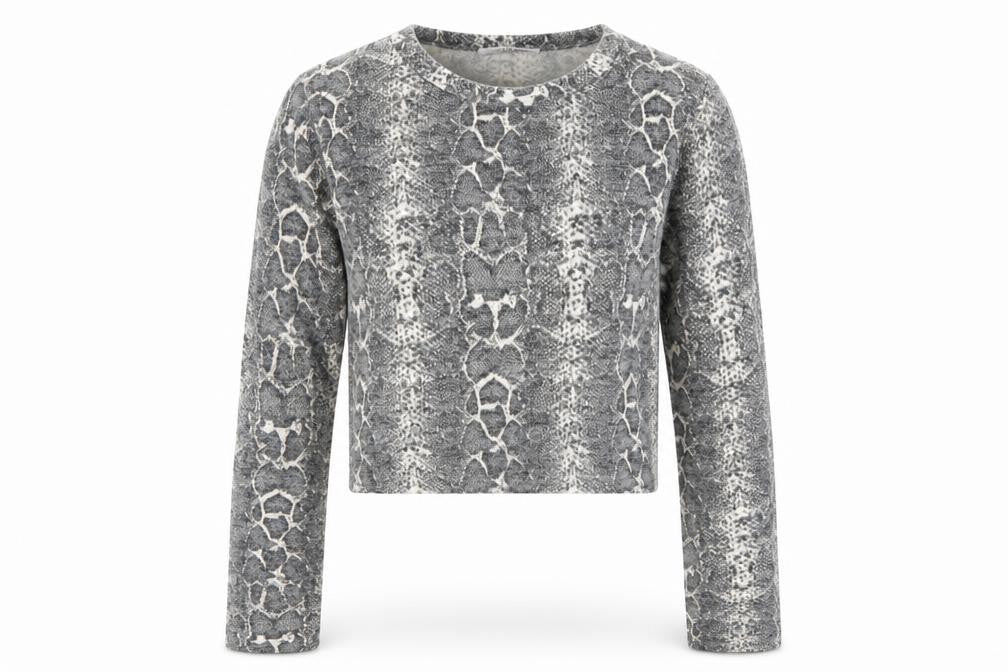 Front view of Zara Women's Grey Cropped Knit Top, size S, Animal Print