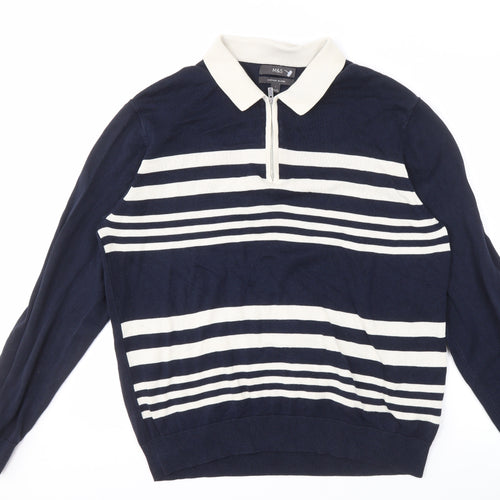Marks and Spencer Men's Blue Striped Collared Jumper L