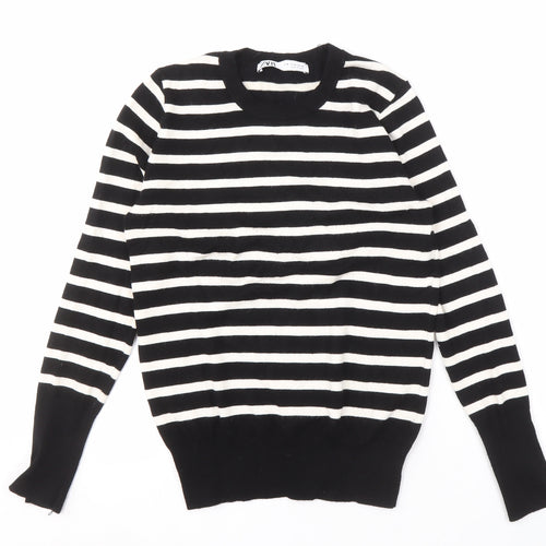 ZARA Women's Black Striped Crew Neck Pullover Jumper