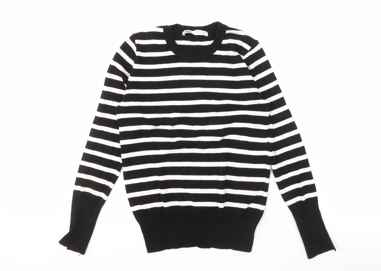 ZARA Women's Black Striped Crew Neck Pullover Jumper