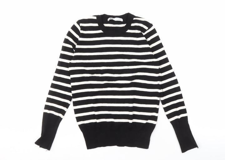 ZARA Women's Black Striped Crew Neck Pullover Jumper