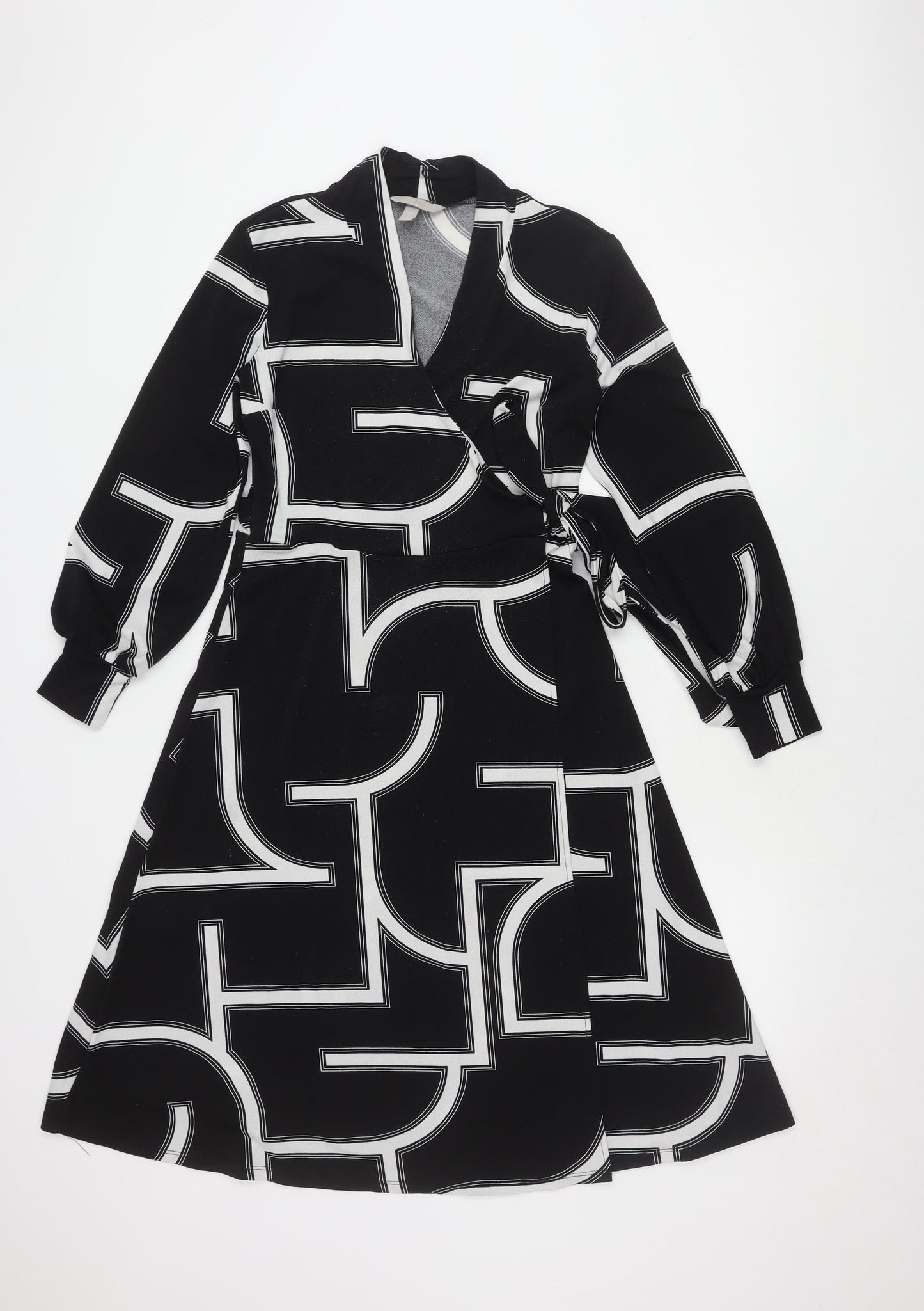 H&M Women's Black Geometric Long Sleeve Dress S