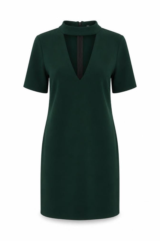 Front view of Zara Woman Green Sheath Dress, S, Short Sleeve, V-Neck