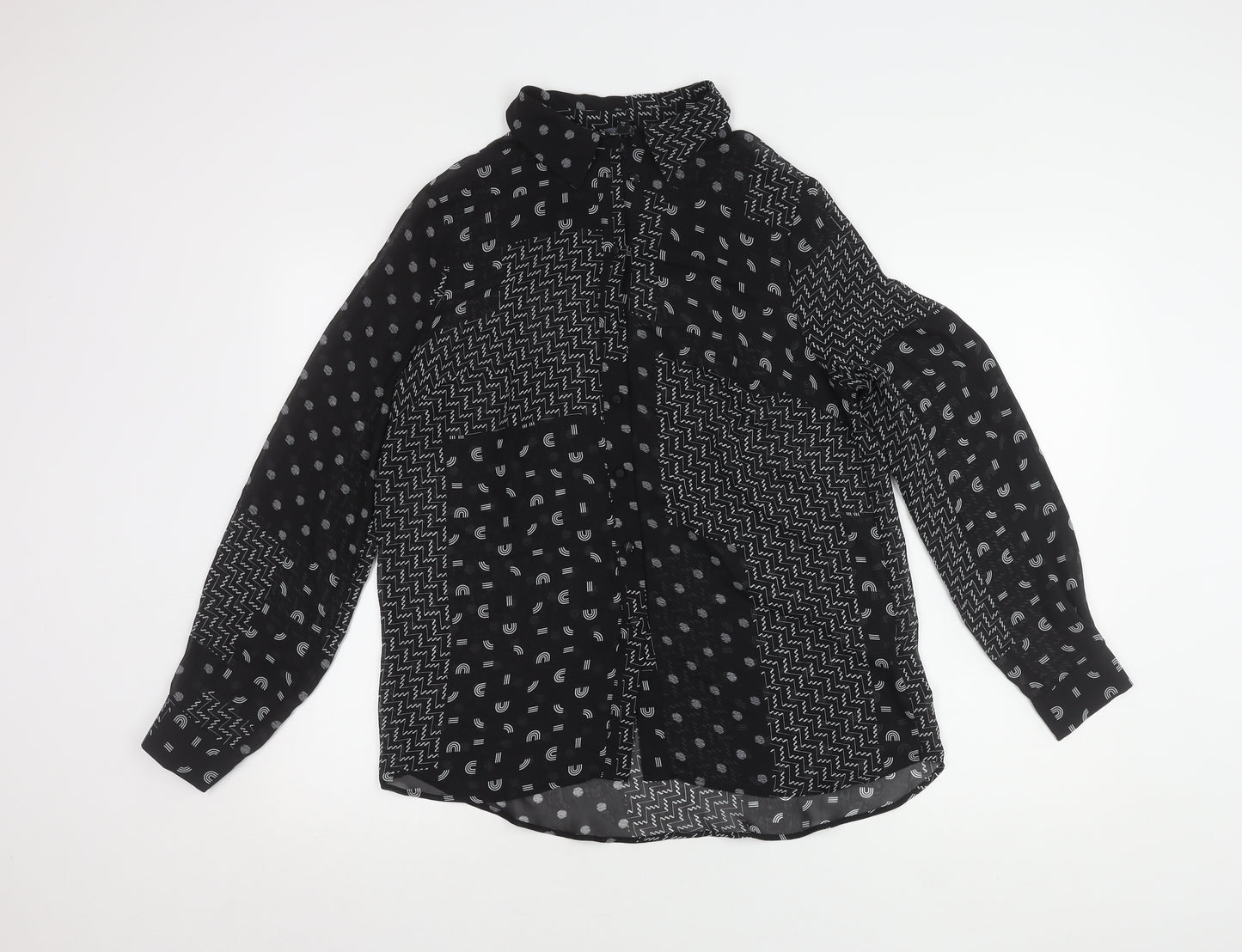 Next Women's Black Geometric Button-Up Shirt, Size 10