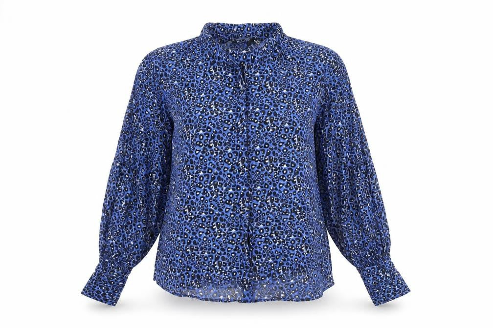 Front view of Zara Women's Blue Black Animal Print Blouse, size 12