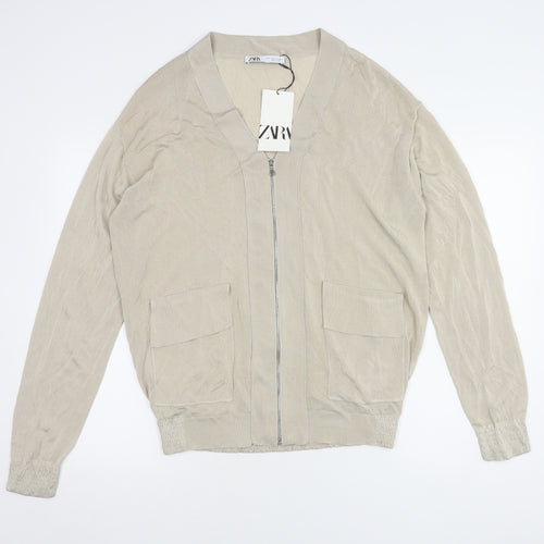 Zara Women's Beige Full Zip V-Neck Jumper, Size S