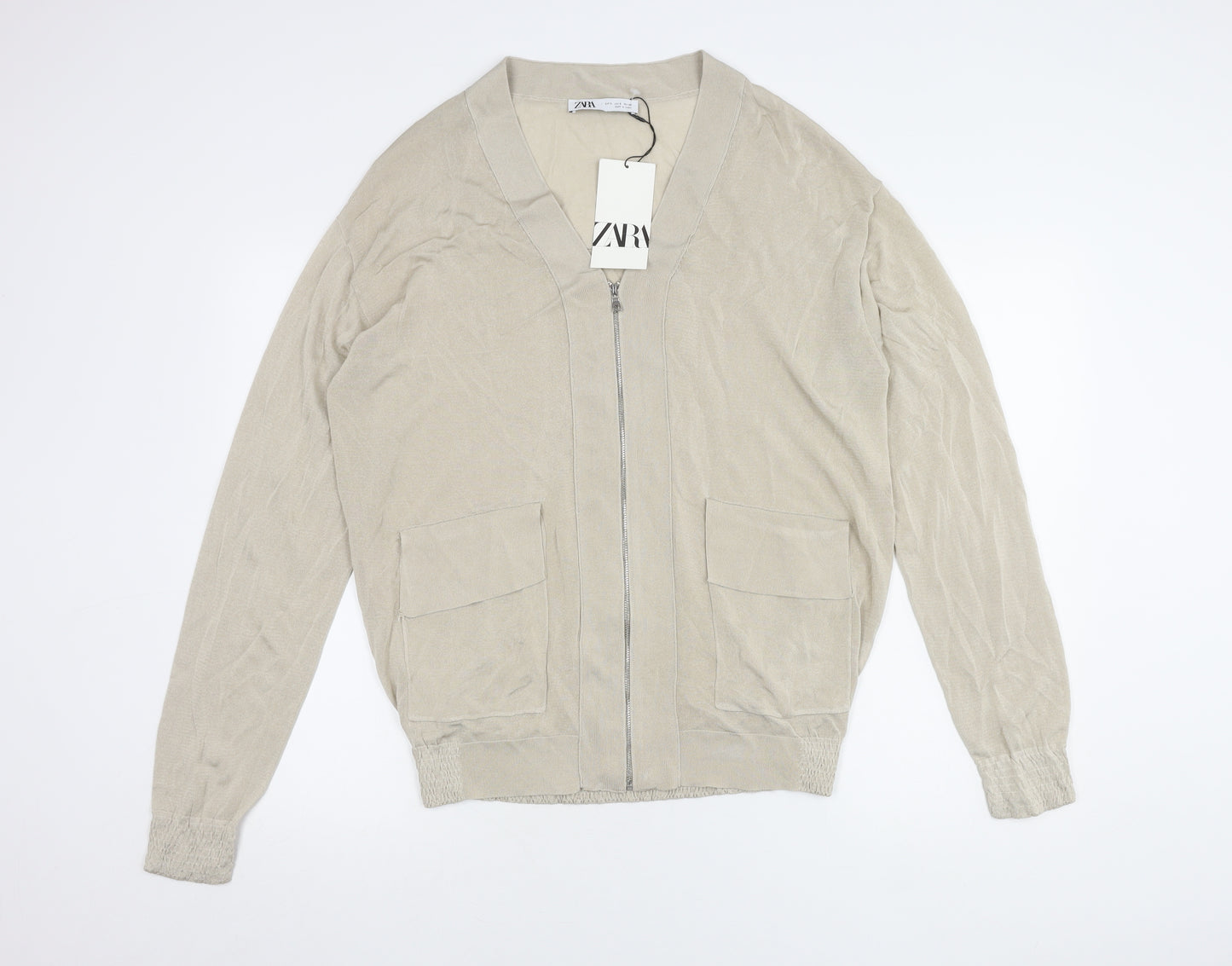 Zara Women's Beige Full Zip V-Neck Jumper, Size S