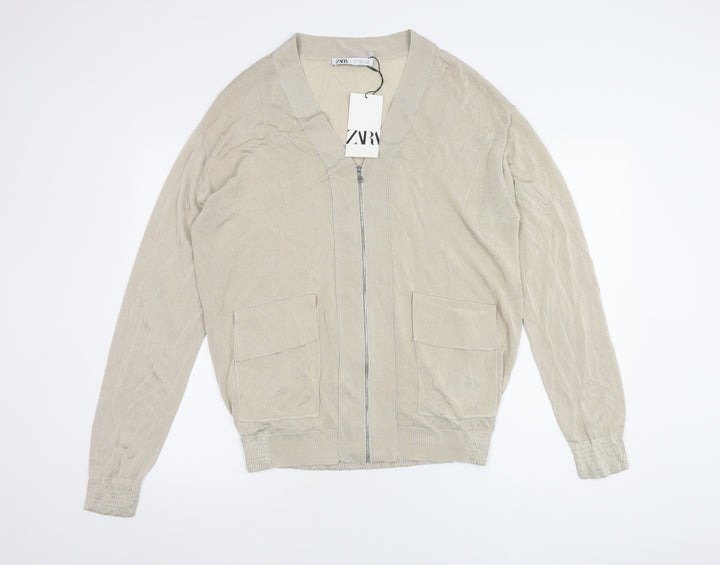Zara Women's Beige Full Zip V-Neck Jumper, Size S