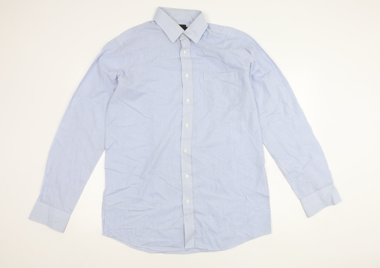 Marks and Spencer Men's Blue Striped Long-Sleeve Shirt