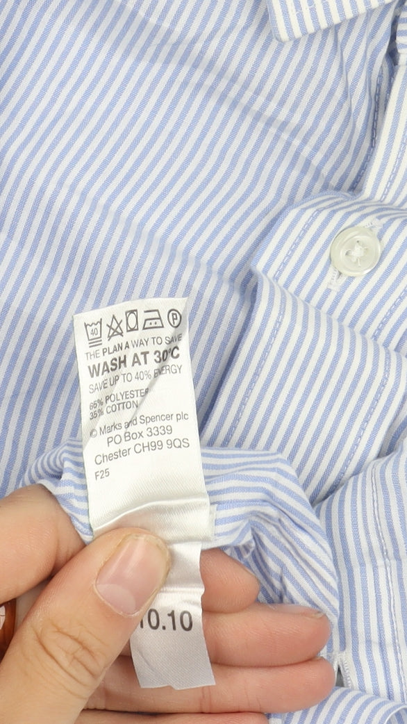 Marks and Spencer Men's Blue Striped Long-Sleeve Shirt