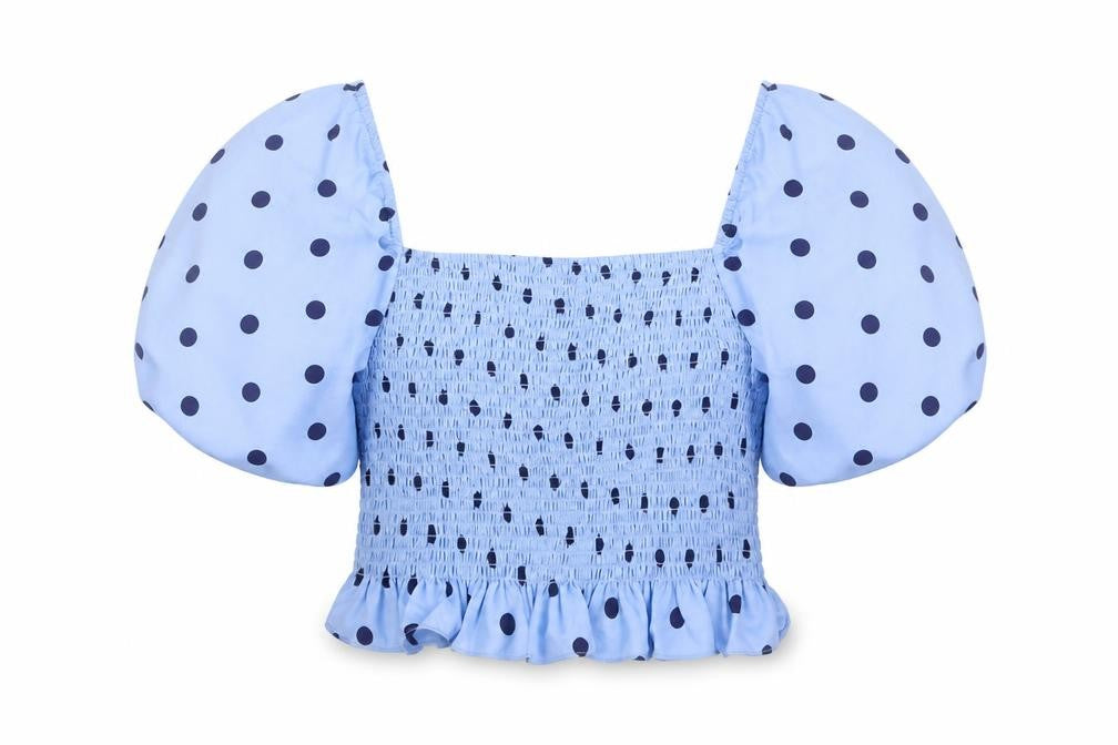 Front view of Brave Soul Women's Blue Polka Dot Cropped Blouse, size S