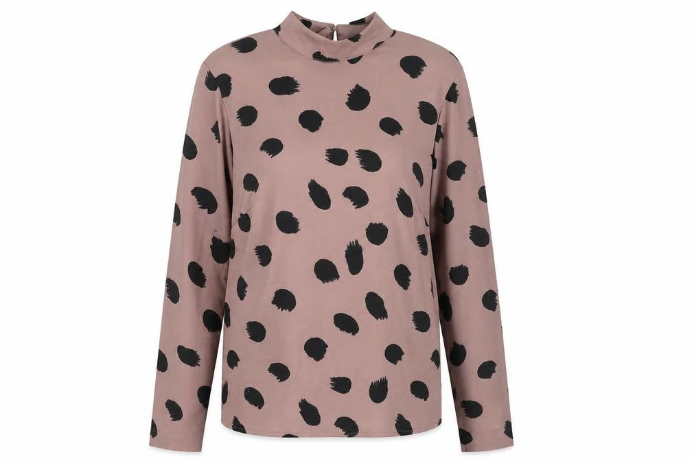 Front view of ICHI Women's Brown Polka Dot Blouse, size 6