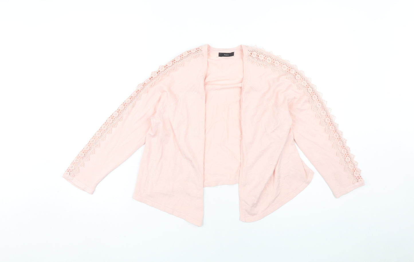 M&Co Women's Pink Open Front Cardigan Size 14 with Crochet Accent