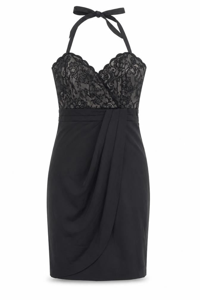 Front view of Next Women's Black, size 8, Halter Lace Cocktail Dress