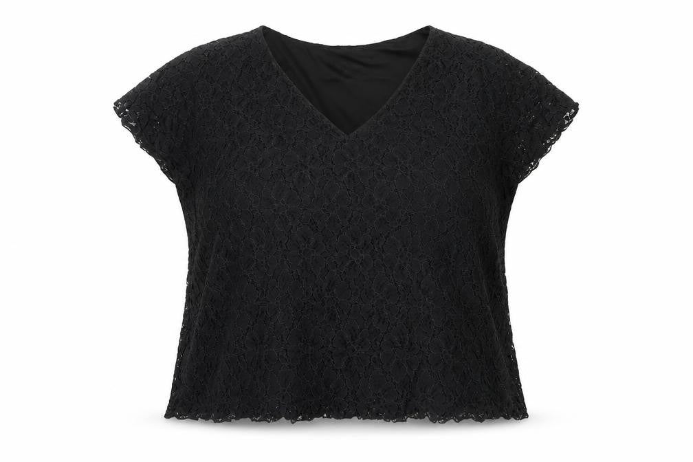 Front view of Saloos Women's Black Lace V-Neck Plus Size Blouse 2XL