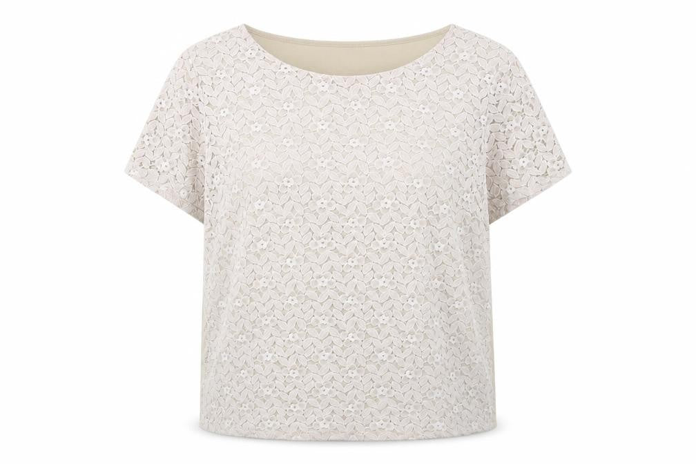 Front view of Bonmarché Women's Beige Lace Blouse, size 18
