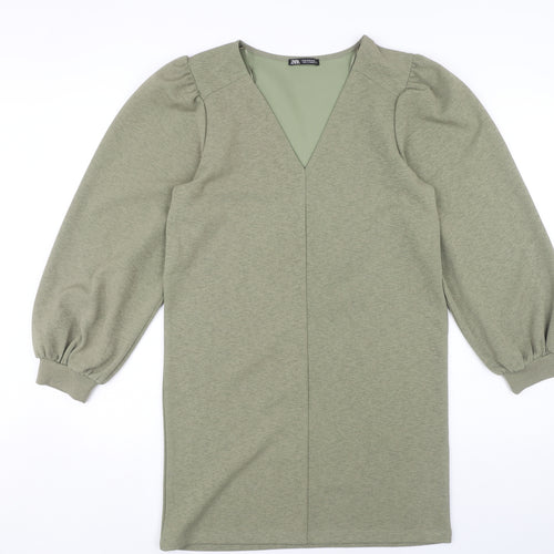 Zara Green V-Neck Balloon Sleeve Dress, Size S