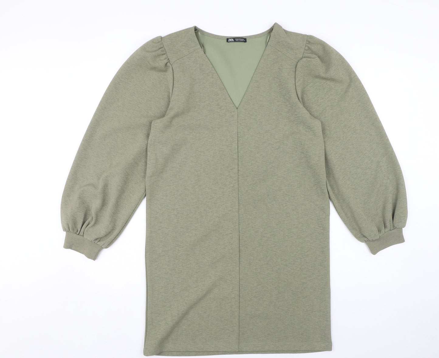 Zara Green V-Neck Balloon Sleeve Dress, Size S