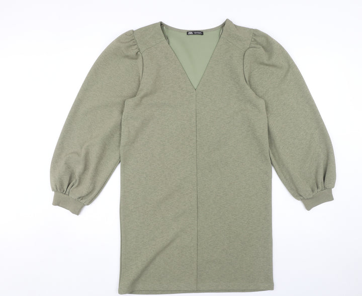 Zara Green V-Neck Balloon Sleeve Dress, Size S