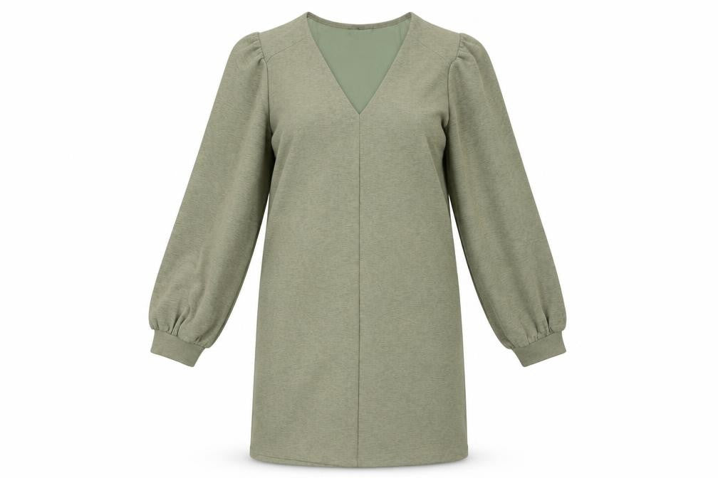 Front view of Zara Green V-Neck Balloon Sleeve Dress, size S