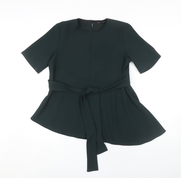 Zara Women's Green Belted Short Sleeve Asymmetric Top, M