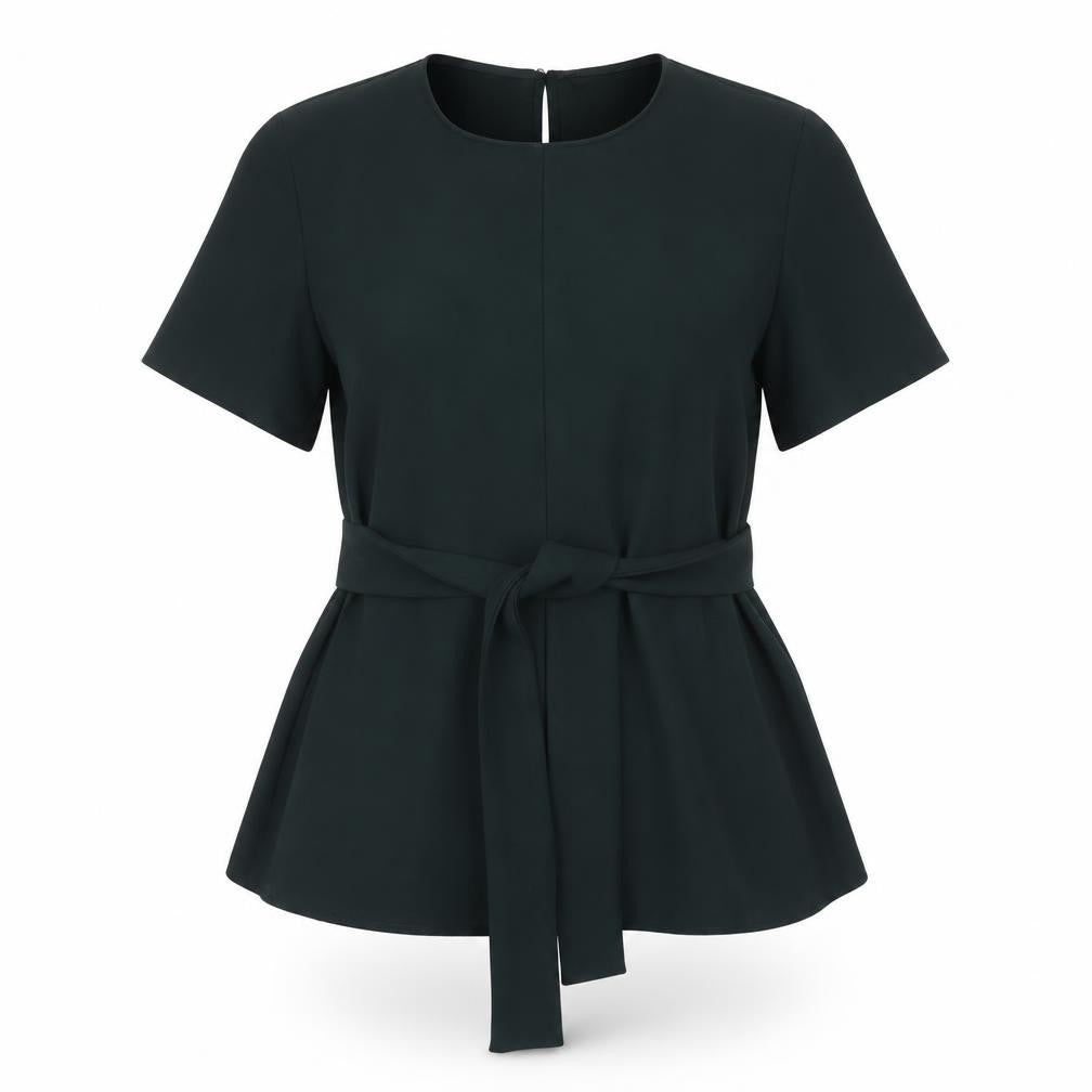 Front view of Zara Women's Green Belted Short Sleeve Asymmetric Top, M