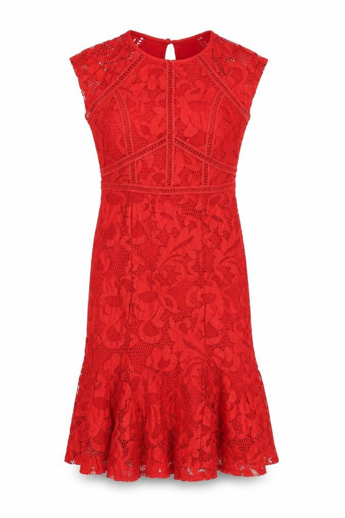 Front view of Next Women's Red Lace Petites Dress, size 8