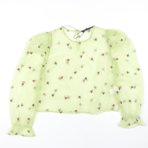 Zara Women's Green Cropped Blouse - Floral Embroidery