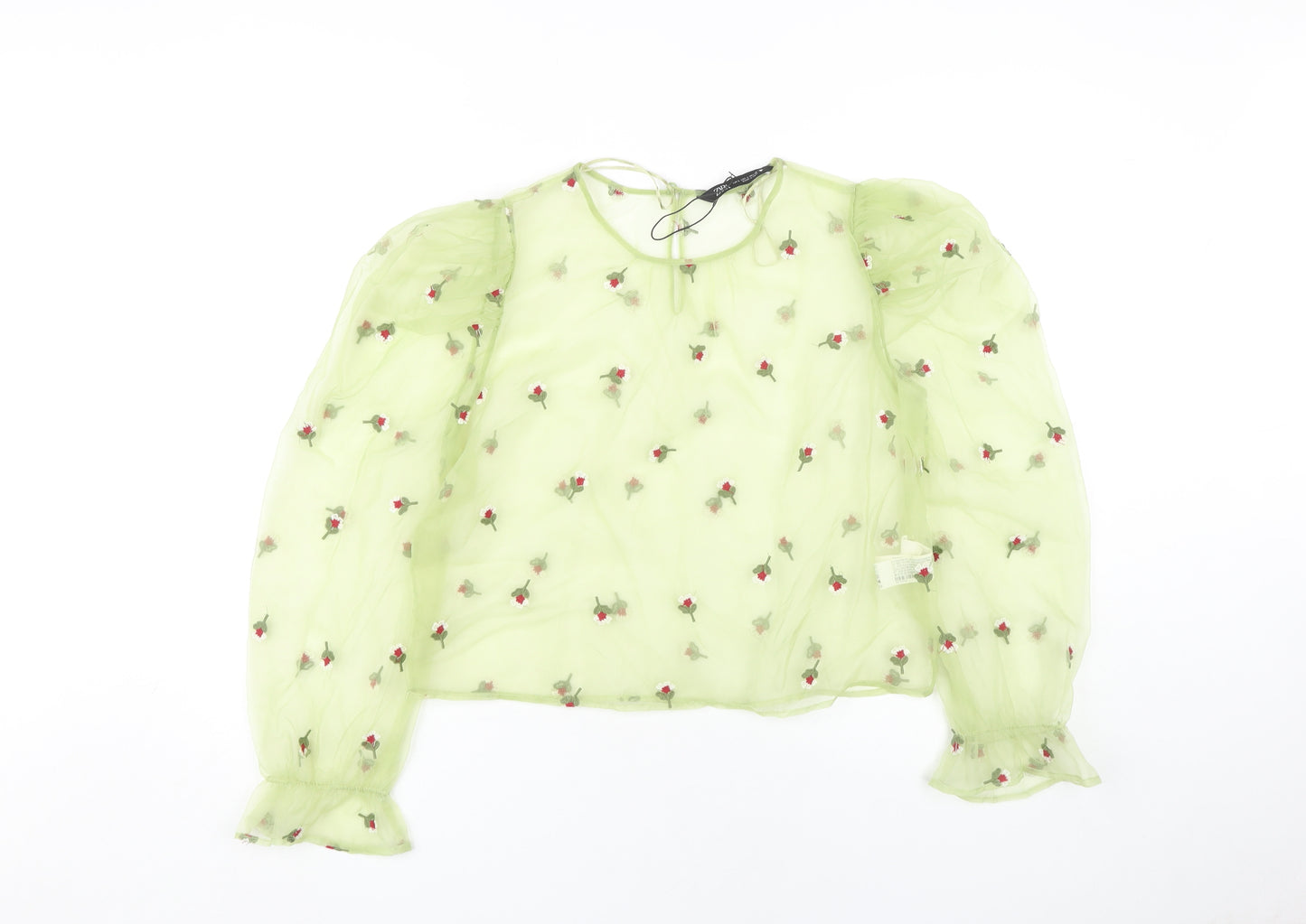 Zara Women's Green Cropped Blouse - Floral Embroidery