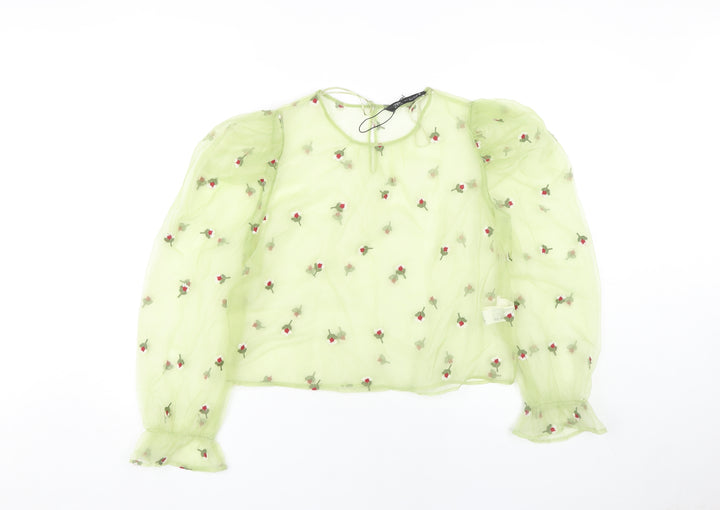 Zara Women's Green Cropped Blouse - Floral Embroidery