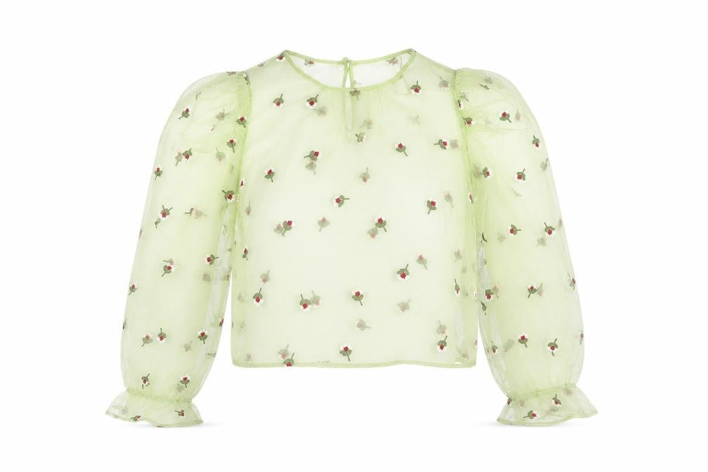 Front view of Zara Women's Green Cropped Blouse - Floral Embroidery