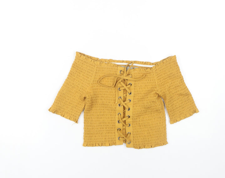 ASOS Yellow Off Shoulder Lace Up Cropped Blouse