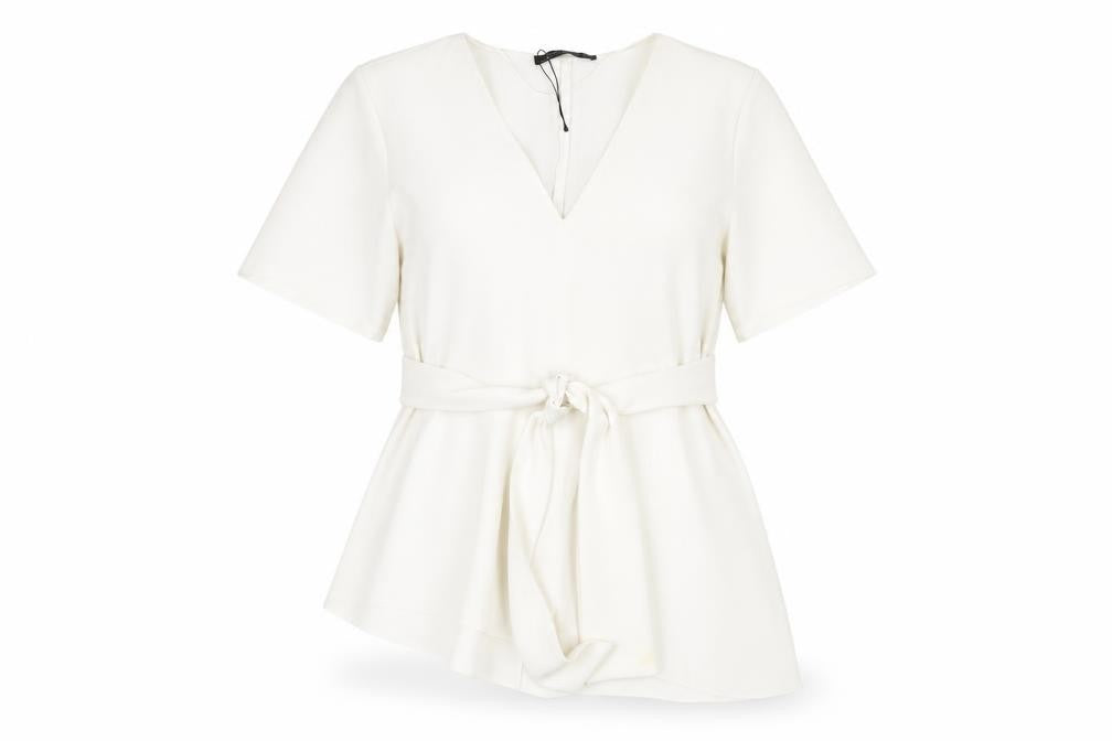 Front view of Zara Women's White Wrap Blouse -, size M, Belted