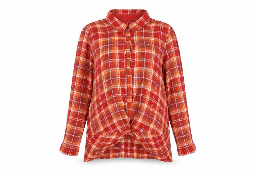 Front view of Next Women's Red Plaid Button-Up Shirt, size 12
