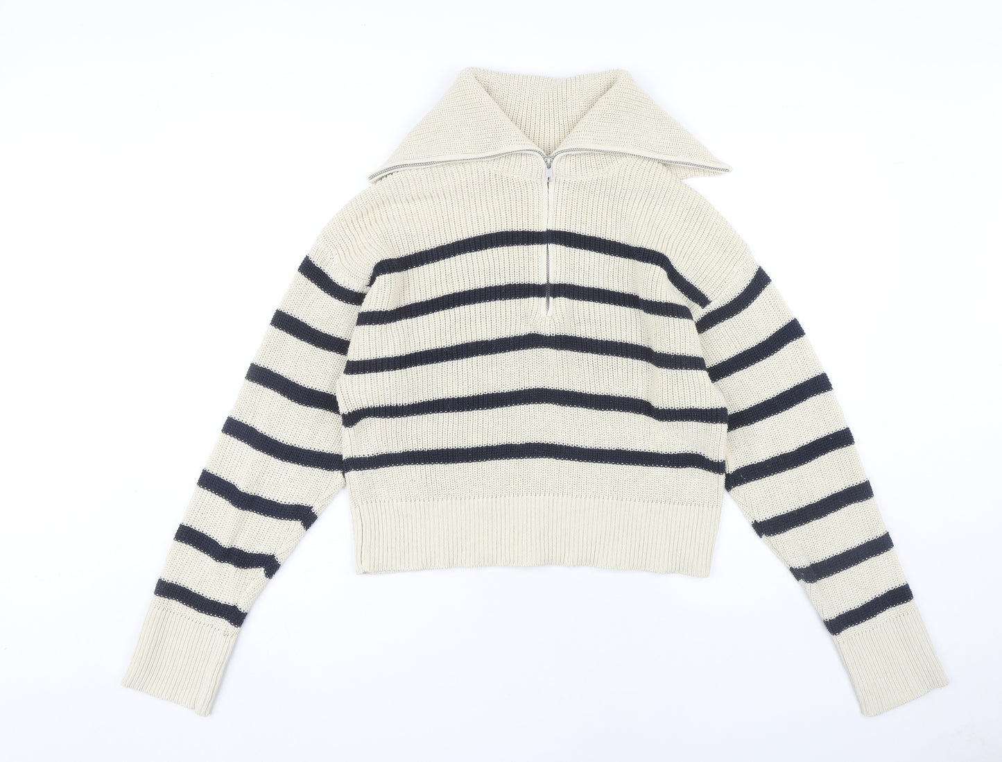 Monki Women's Beige Striped Full Zip Jumper M