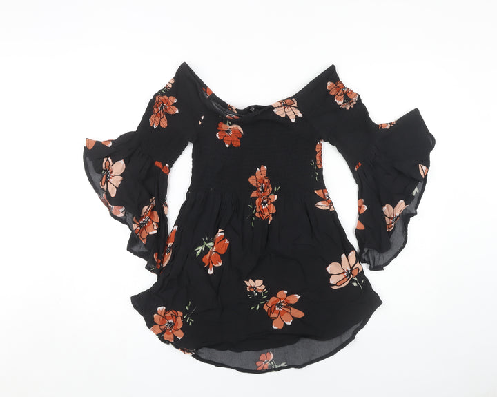 River Island Women's Black Floral Tunic Blouse Size 10