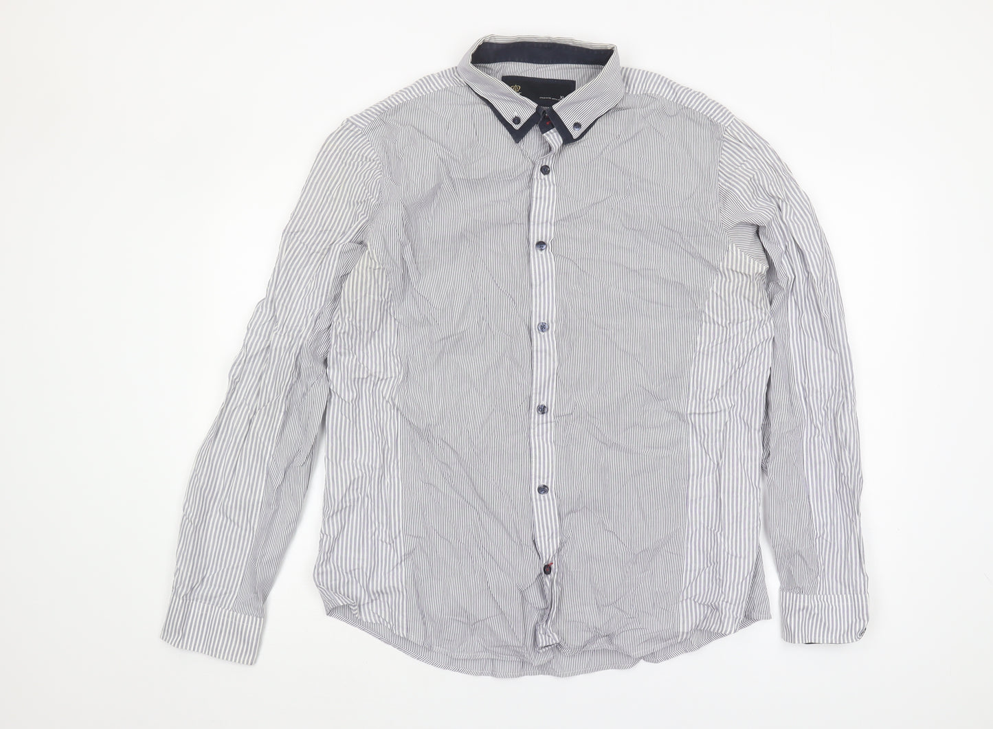 Next Men's XL Blue Striped Cotton Button-Up Shirt