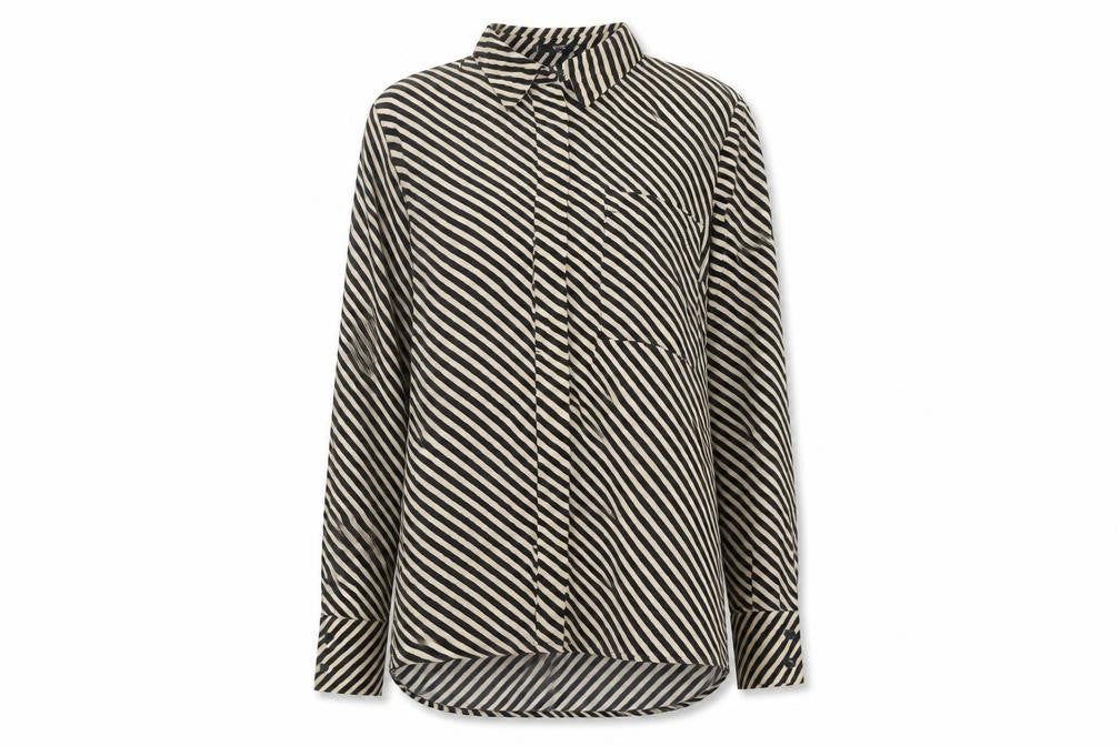 Front view of Mango Basics Women's Black Striped Button-Up Shirt