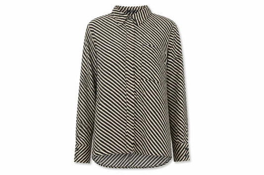 Front view of Mango Basics Women's Black Striped Button-Up Shirt