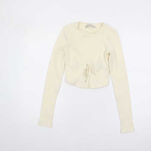 Bershka Women's Ivory Cropped Slim Knit Top, XS