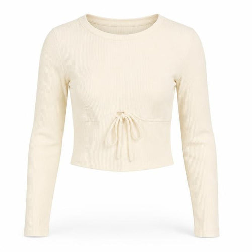 Bershka Women's Ivory Cropped Slim Knit Top, XS